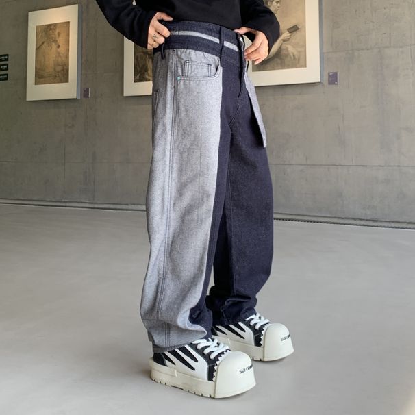 Men's Relaxed Fit Straight Leg Denim Jeans - Vintage Washed Blue With Patchwork Design, Korean Style Casual Trousers_mkmklike.com