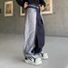 Men's Relaxed Fit Straight Leg Denim Jeans - Vintage Washed Blue With Patchwork Design, Korean Style Casual Trousers_mkmklike.com