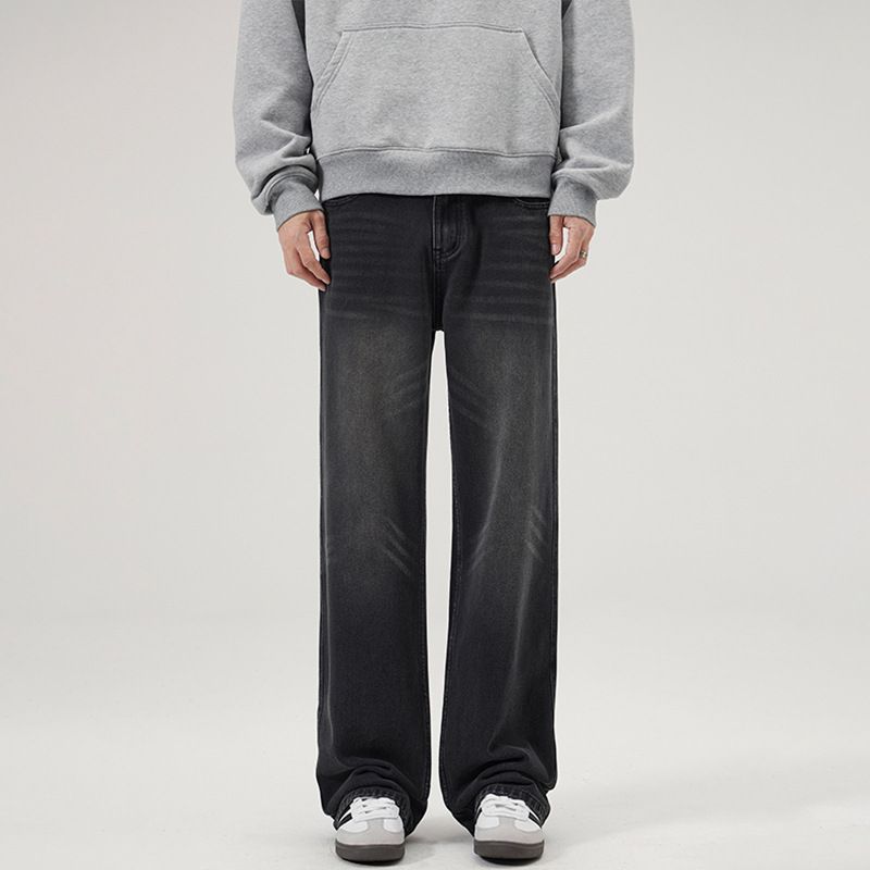 Men's Retro Washed Jeans Unisex Cleanfit Loose Straight Leg Slimming Trousers Mid Waist Cotton Blend High Street Style_mkmklike.com