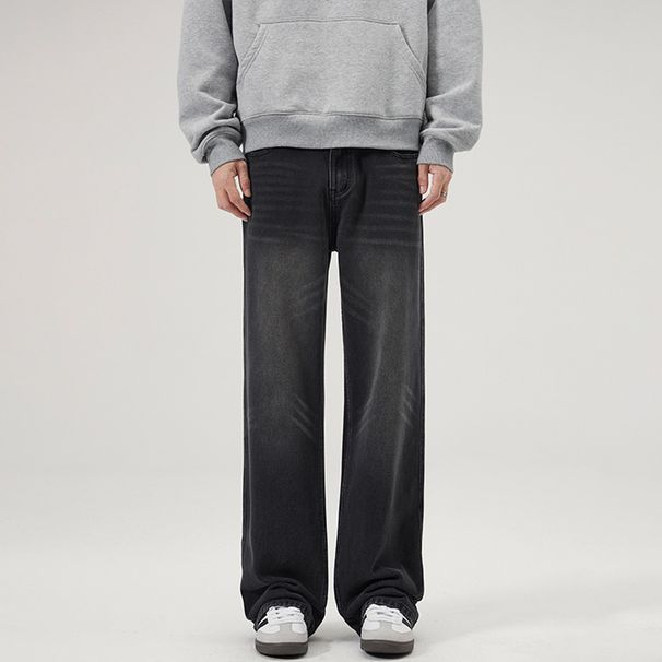 Men's Retro Washed Jeans Unisex Cleanfit Loose Straight Leg Slimming Trousers Mid Waist Cotton Blend High Street Style_mkmklike.com