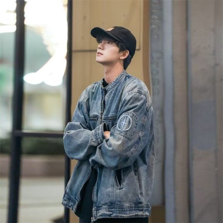 American High Stre Embroidered Blue Denim For Men With Spring And Autumn Design, Zipper Workwear, Stand Up Collar_mkmklike.com