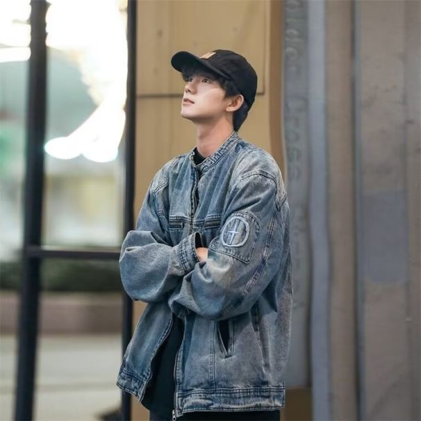 American High Stre Embroidered Blue Denim For Men With Spring And Autumn Design, Zipper Workwear, Stand Up Collar_mkmklike.com