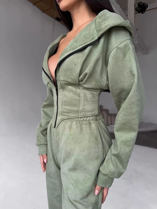 European American Style Autumn Winter Women's Solid Color Waist Cinch Hooded Sweatshirt And Sports Casual Long Pants_mkmklike.com