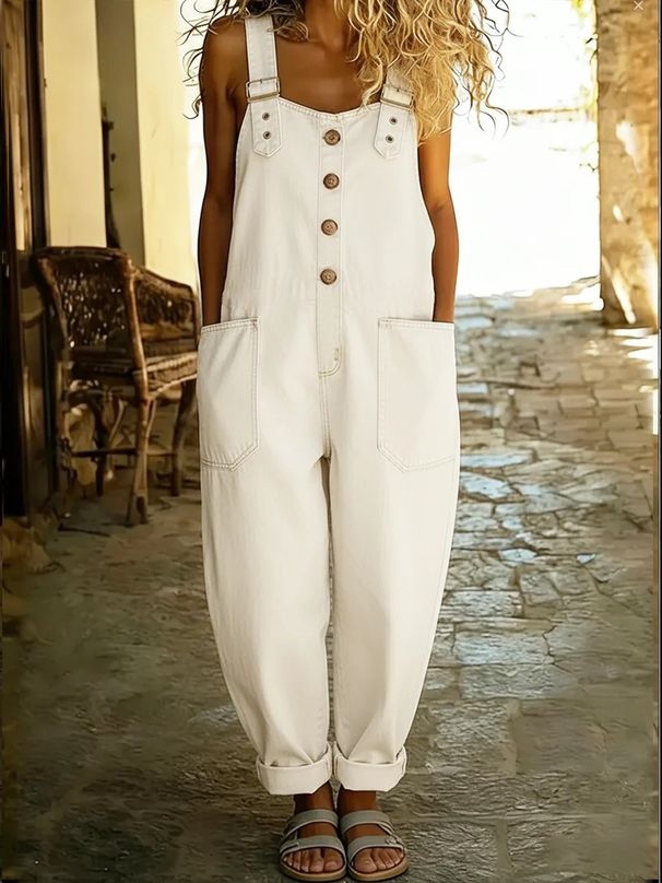 Vintage Distressed Denim Jumpsuit For Women – Relaxed Fit With Adjustable Buckles, Retro Oversized Romper_mkmklike.com