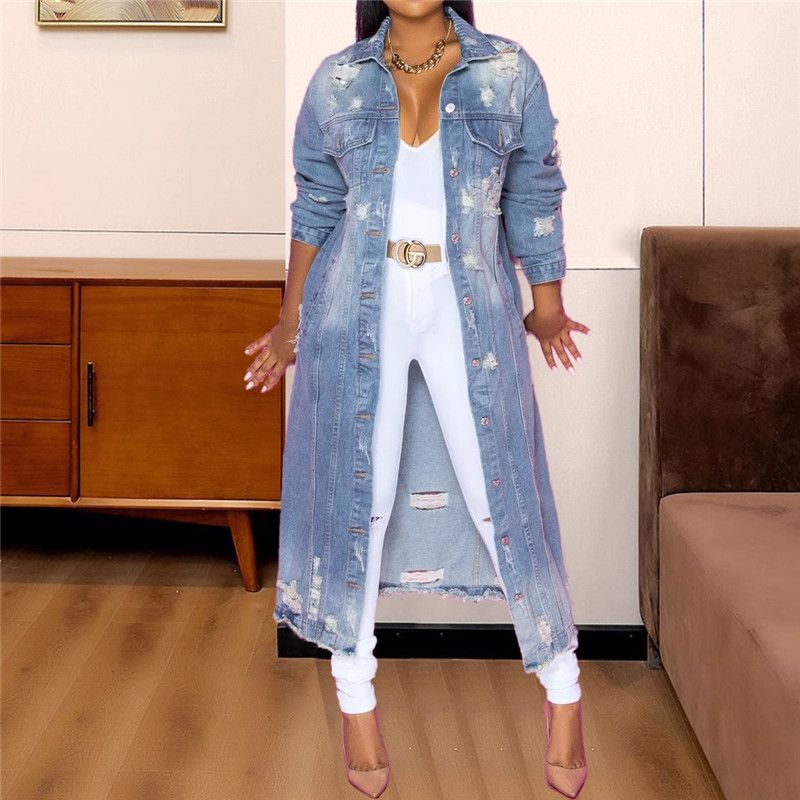 Ripped Raw Hem Button Front Longline Denim Coat Women Cardigan Breasted Holes Jackets Pockets High Street Outerwear Autumn_mkmklike.com