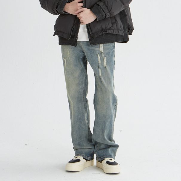 Men's Clothing High Street Retro Jeans Washed Distressed Yellow Mud Dyed Elastic Wide Leg Straight Pants_mkmklike.com
