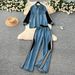 Casual Denim Two-Piece Set – Oversized Color-Block Top + High-Waisted Straight-Leg Pants (Euro-American Street Style)_mkmklike.com