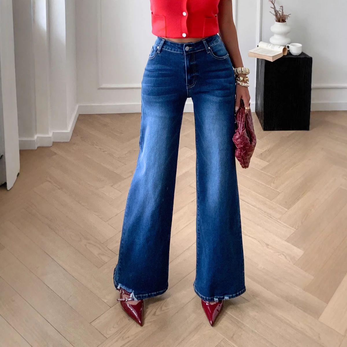 Women's Clothing Flared Jeans – High Waist Bootcut Denim Pants With Stretch, Slimming Dark Blue Wide Leg Trousers For Work & Casual_mkmklike.com