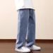 Men's Vintage-Inspired Washed Jeans Streetwear Straight-Leg Pants Drawstring Waist Lightweight Distressed Finish S-5XL_mkmklike.com