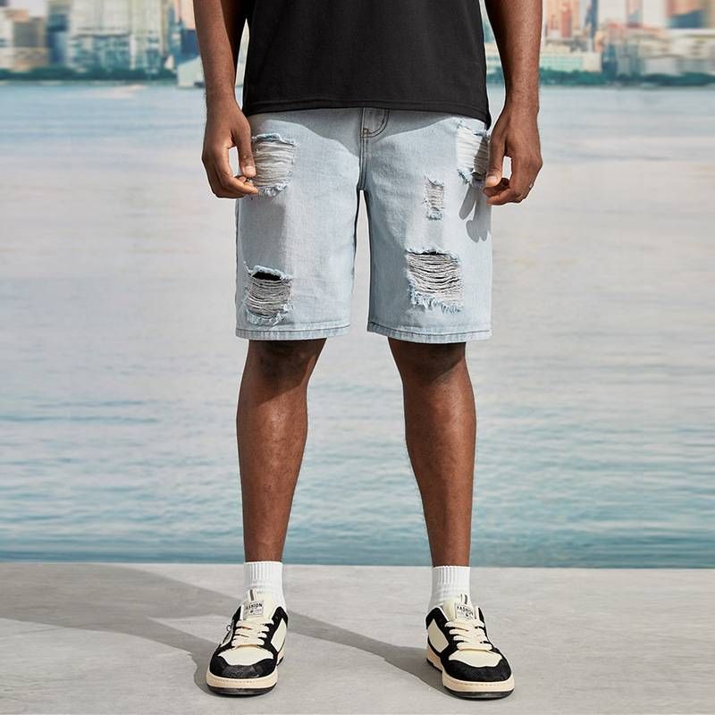 Men's Clothing New Denim Shorts Korean Style Casual Ripped Jeans Men's Street Style Cool Shorts Loose Straight Large Size_mkmklike.com