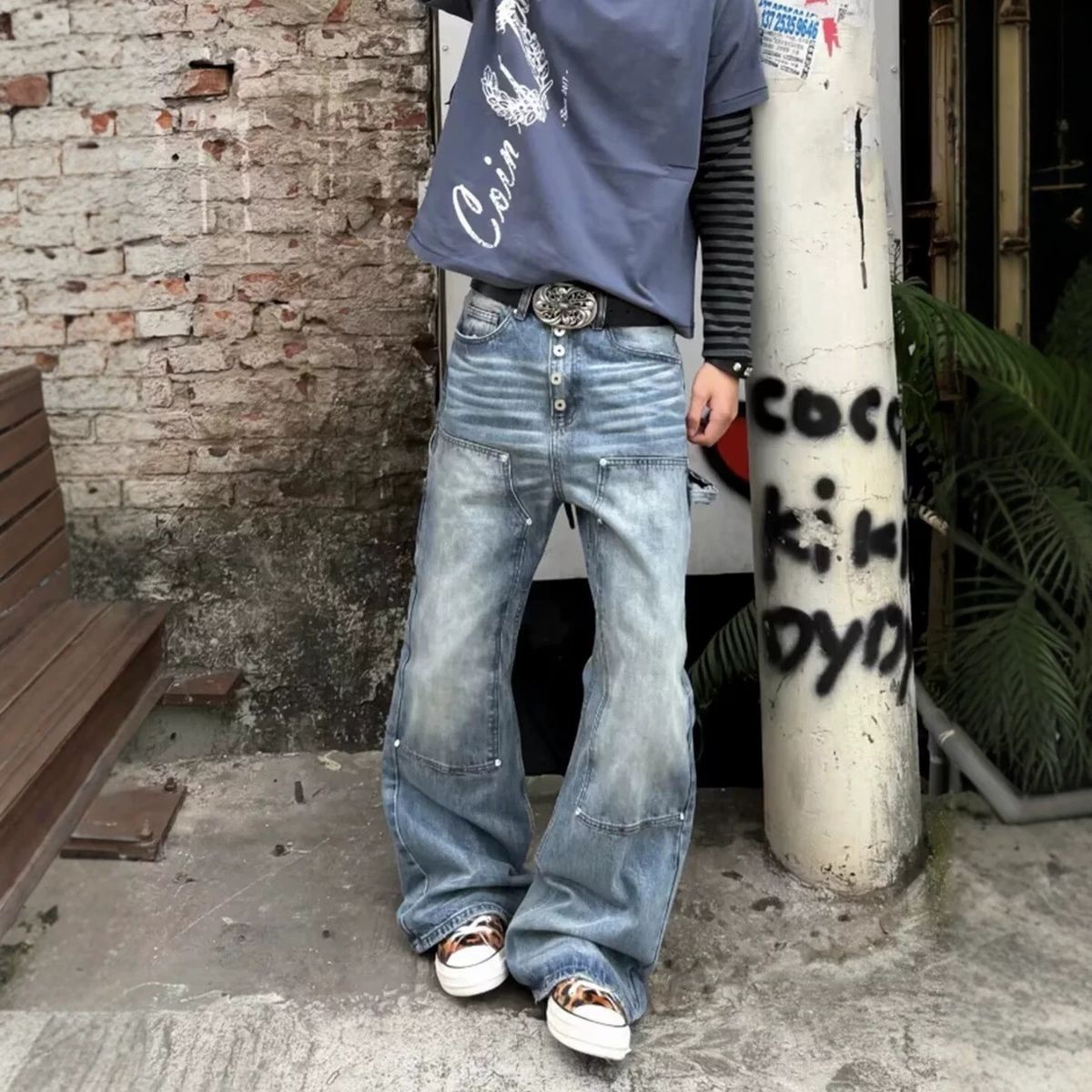 Men's Retro Vintage Pleated Scimitar Jeans Button down Slim Fit Straight Leg Casual Trousers American High Street Style_mkmklike.com