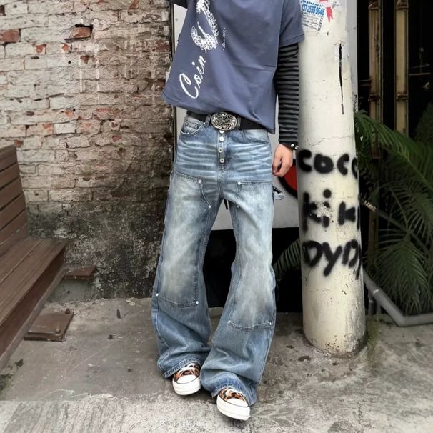 Men's Retro Vintage Pleated Scimitar Jeans Button down Slim Fit Straight Leg Casual Trousers American High Street Style_mkmklike.com