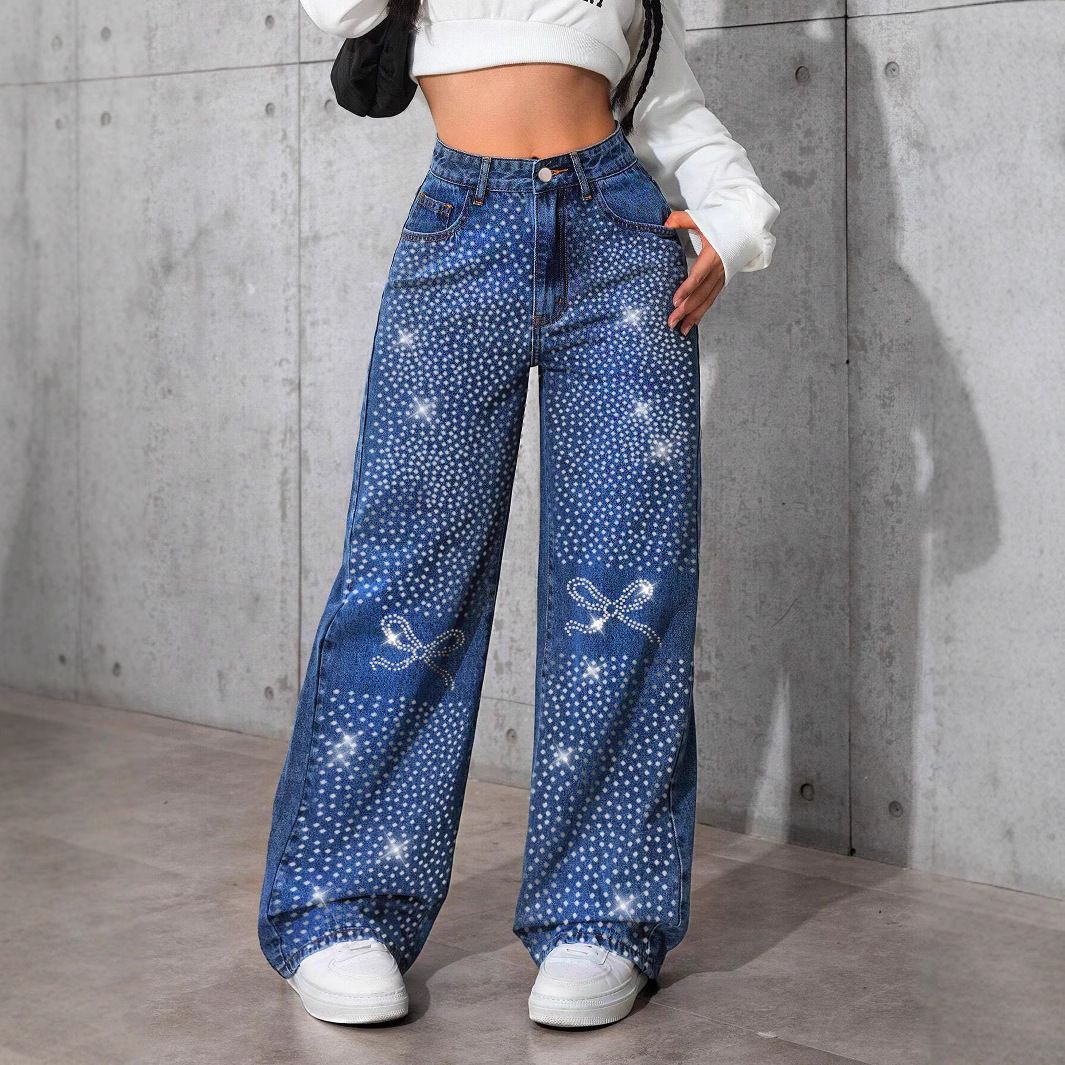 Women's Clothing Vintage Blue Distressed Jeans For Women - High Waist Straight Leg Denim Pants With Rhinestone Butterfly Embroidery_mkmklike.com