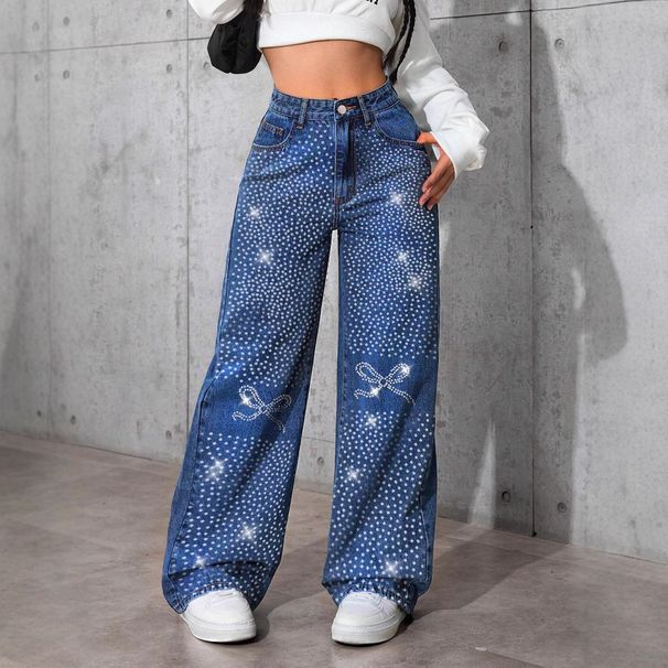 Women's Clothing Vintage Blue Distressed Jeans For Women - High Waist Straight Leg Denim Pants With Rhinestone Butterfly Embroidery_mkmklike.com