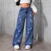 Women's Clothing Vintage Blue Distressed Jeans For Women - High Waist Straight Leg Denim Pants With Rhinestone Butterfly Embroidery_mkmklike.com