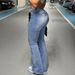 Women's High-Waisted Washed Blue Distressed Denim Jeans Retro Black Floral Print Flare Hem_mkmklike.com