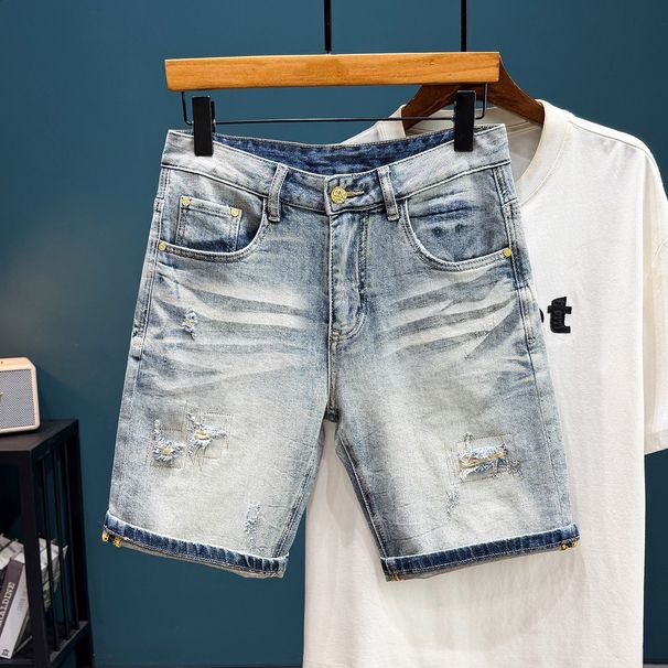 Trendy Retro Men's Summer Straight Leg Denim Shorts Distressed Embroidered Patched Whiskering Spot Supply_mkmklike.com