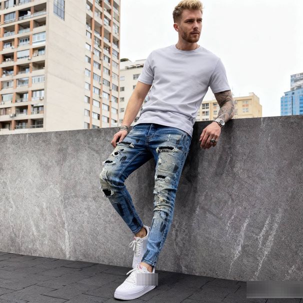 Men's Premium Slim Fit Distressed Denim - 2026 Paint Splattered Ankle Jeans With Reinforced Stitching Distressed Destroyed With Rips_mkmklike.com