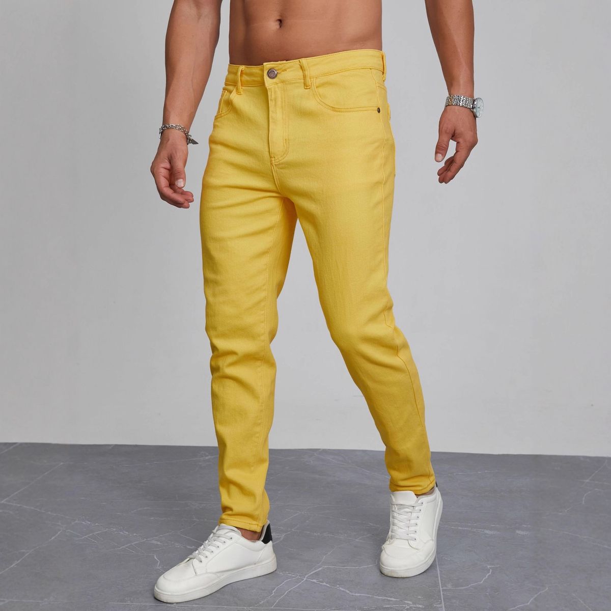 Men's Slim Fit Stretch Denim Jeans - High Elastic Cotton Skinny Pants With Embroidery For Casual & Streetwear (Yellow)_mkmklike.com