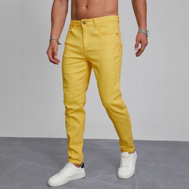Men's Slim Fit Stretch Denim Jeans - High Elastic Cotton Skinny Pants With Embroidery For Casual & Streetwear (Yellow)_mkmklike.com