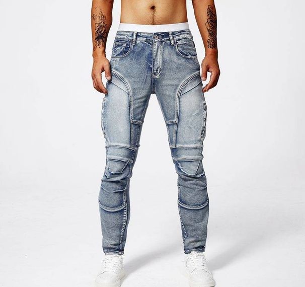 Men's Motorcycle Style Stretch Denim Jeans - Slim Fit Tapered Leg Casual Pants With Comfort Flex_mkmklike.com