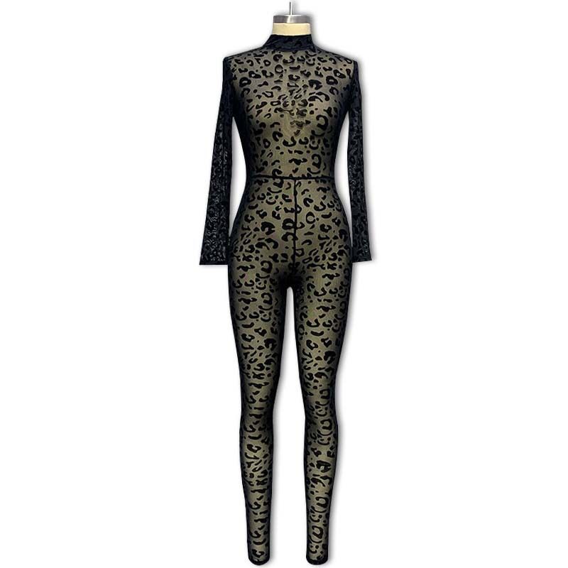 Women's Clothing jumpsuits Slim long-sleeved sexy flocked see-through slimming jumpsuits (girdle not included)_mkmklike.com