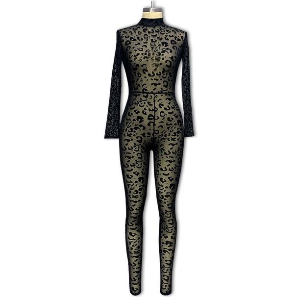 Women's Clothing jumpsuits Slim long-sleeved sexy flocked see-through slimming jumpsuits (girdle not included)_mkmklike.com