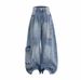Loose Fit Distressed Jeans With Multiple Pockets, Straight Leg Wide Pants For Men & Women Functional Multi-Pocket Design_mkmklike.com