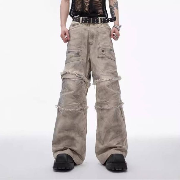 Men's Clothing Y2K Autumn American Design Wasteland Old Dirty Dye Overalls Men Retro Destroyed Raw Edge Casual Trousers Men_mkmklike.com