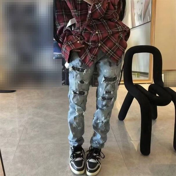 Men's Spring Summer Slim Fit Skinny Jeans Ripped Patchwork Distressed Paint Splatter Mid Waist Straight Pants With Side Zipper_mkmklike.com