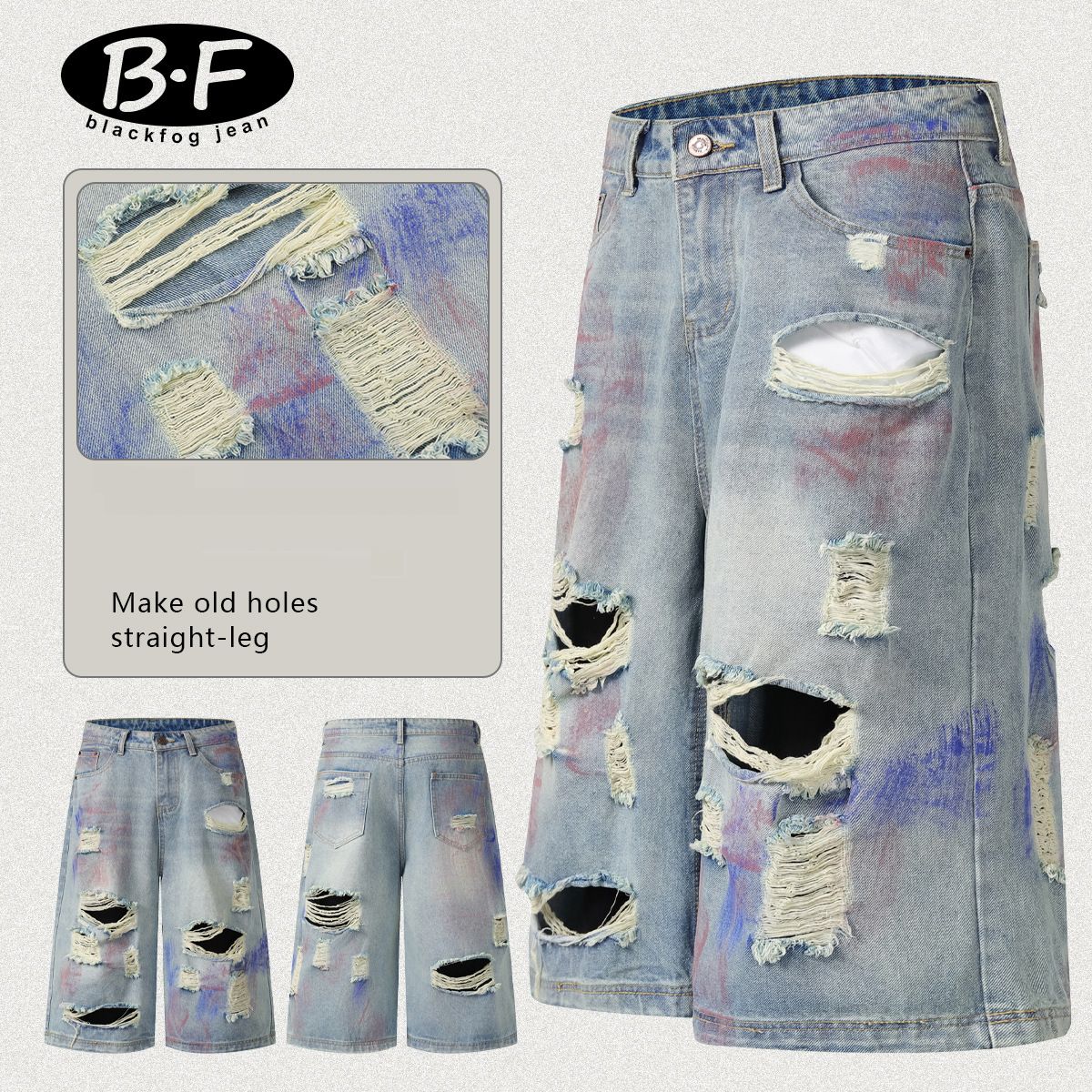 Men's Clothing Street Personality Hand Painted Paint Hole Distressed Wide Leg Jeans Washed Distressed Loose Embroidered Wide Leg Pants_mkmklike.com