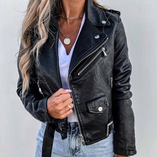 Women's jacket top PU leather jacket motorcycle short zipper_mkmklike.com