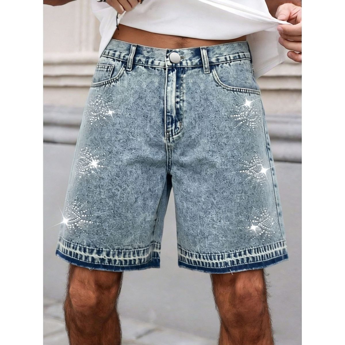 Men's Summer Denim Shorts Capri Pants Rhinestone Snowflake Wash Top Selling Item European Size_mkmklike.com