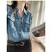 Chicco Fashionable New National Style Soft Draped Tencel Lyocell Button V-Neck Long Sleeve Denim Shirt For Women 2025 Spring_mkmklike.com