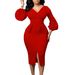 Women's V-neck Puff Sleeve Split Dress office Pencil Skirt _mkmklike.com