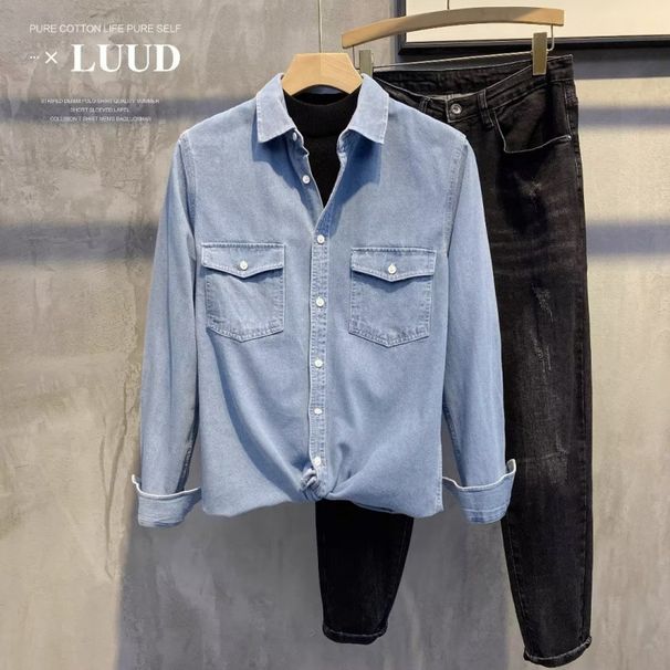 Washed Old Denim Shirt Men's Spring Korean Version Loose High-end Long-sleeved Tooling Shirt_mkmklike.com