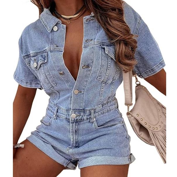 Women's Loose Vintage Worn Short Denim Jumpsuit Short Sleeve Button Down Jeans Jumpsuit_mkmklike.com