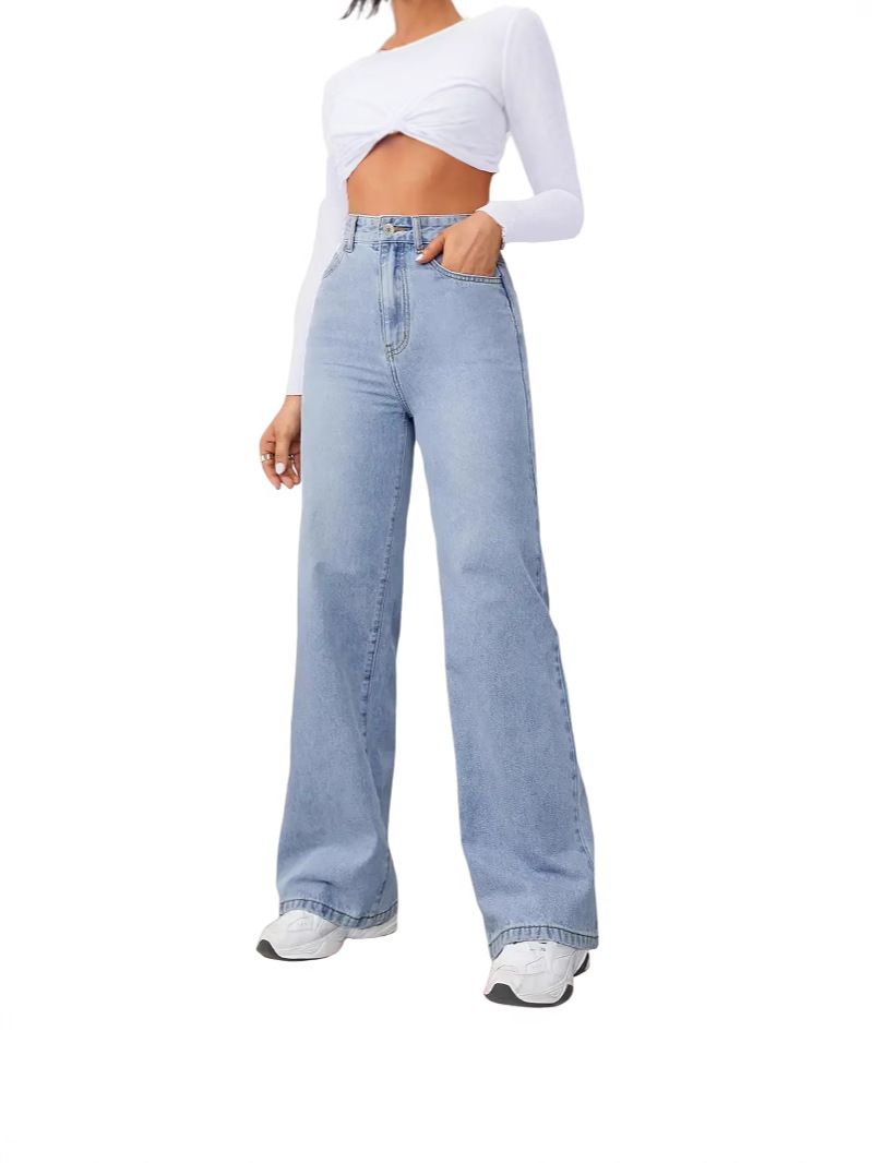 Stretch High-Waisted Straight Leg Jeans For Women - Comfortable Cotton-Blend Denim Pants With Wrinkle-Free Technology (Light Blue)_mkmklike.com