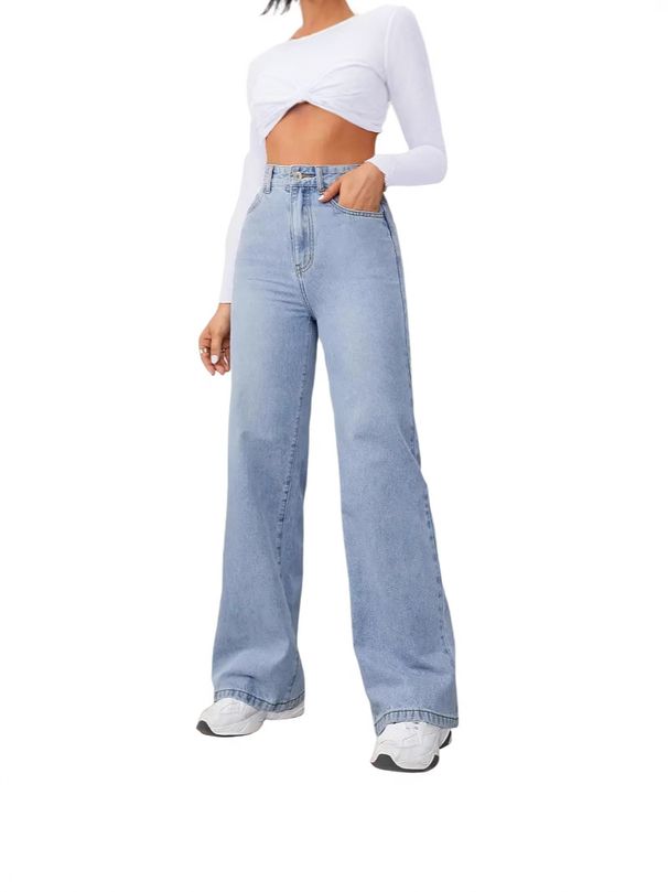 Stretch High-Waisted Straight Leg Jeans For Women - Comfortable Cotton-Blend Denim Pants With Wrinkle-Free Technology (Light Blue)_mkmklike.com