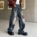 Streetwear Jeans - Vintage Graffiti Print Relaxed Straight-Leg Pants | Oversized Hip-Hop Denim With Distressed Details_mkmklike.com