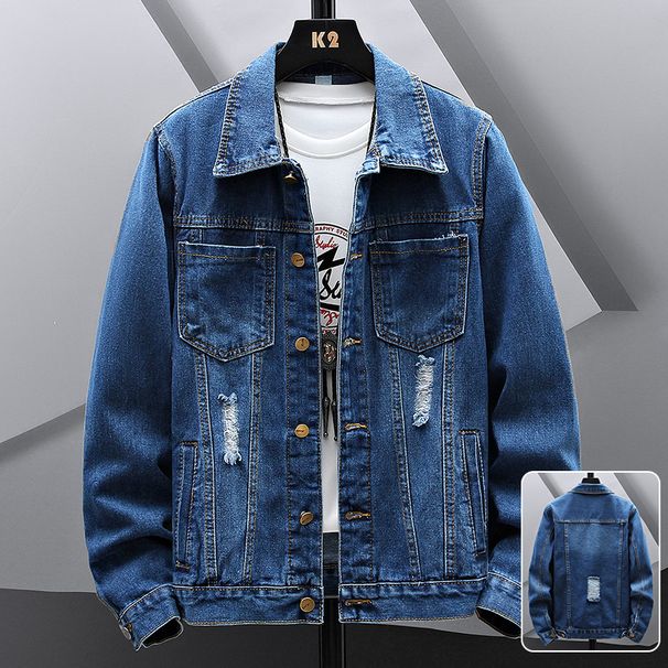 Spring And Autumn Trendy Brand Ripped Denim Jacket Men's Trend Ruffian Handsome Loose Large Size Tooling Jacket Spring Clothes_mkmklike.com