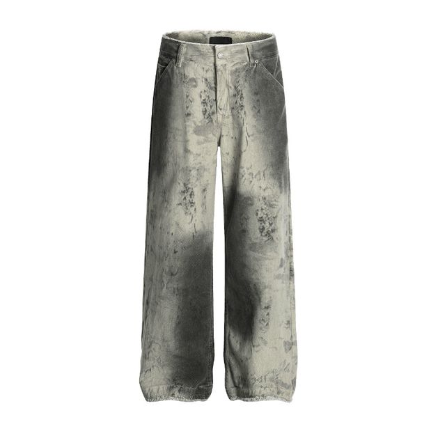 Men's Clothing American High Street Dirty Dyed Snake Print Jeans Men's Summer Light Style Trendy Brand Pants Loose Versatile Wide Leg Trousers_mkmklike.com