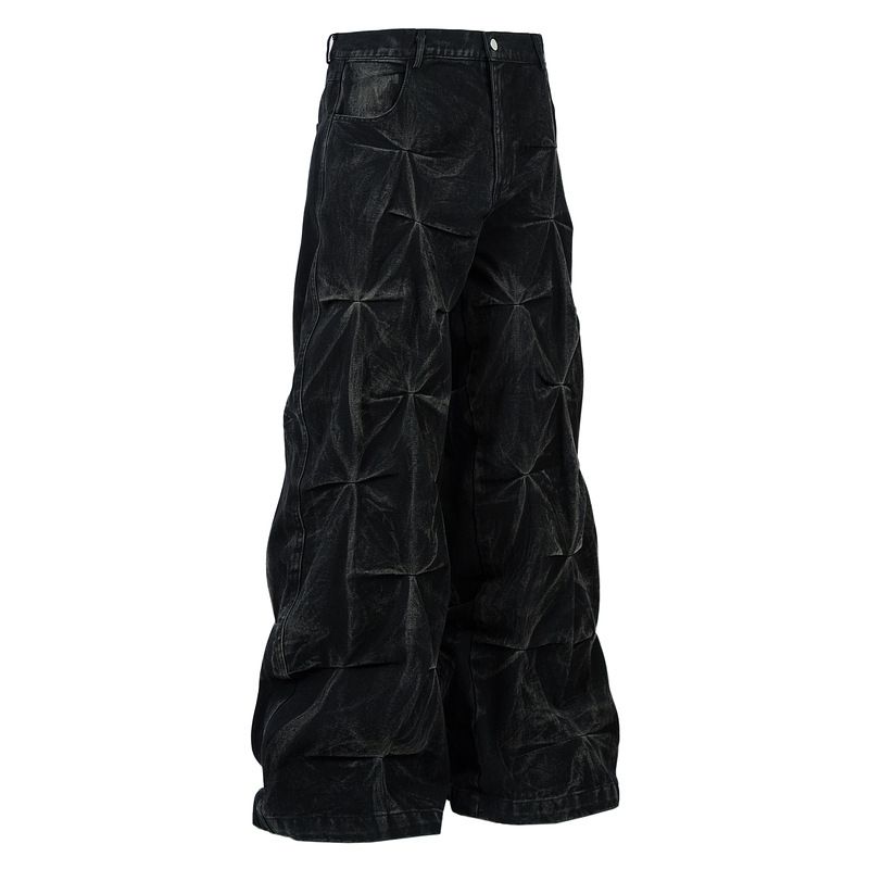 Men's Clothing Pleated Waxed Jeans Men And Women Niche Hand Stitched Distressed Trousers_mkmklike.com