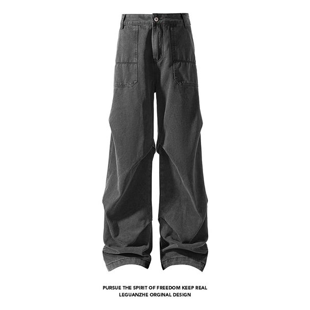 American-style Pleated Workwear Jeans For Men, Unique Design, Veatile, Loose-fitting, Retro, Slimming, Wide-leg_mkmklike.com