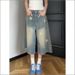 Women's Clothing Women's High-Waisted Cropped Shorts Retro Denim Star Print Loose Casual Straight Leg Wide Leg Pants Summer Washed_mkmklike.com