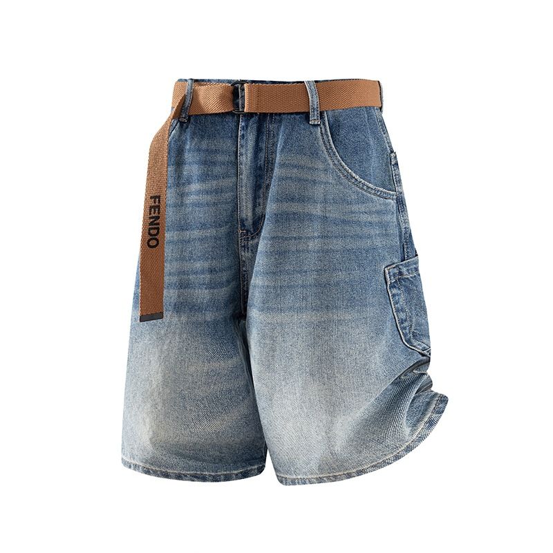 Summer New Style Men's Washed Gradient Denim Shorts Retro Loose Straight Leg Cargo Shorts_mkmklike.com