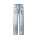 Unisex High-Waisted Straight-Leg Workwear Jeans Loose Fit Slimming Wide-Leg Floor-Length Blue Pants_mkmklike.com