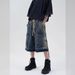 Men's Clothing Retro Raw Edge Wide Leg Drawstring Washed Denim Shorts For Boys Summer Trendy All Match Straight Five Point Pants_mkmklike.com