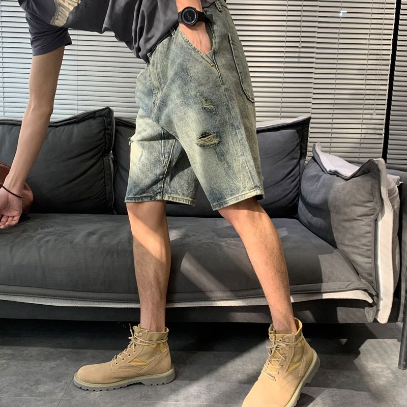 Men's Ripped Denim Shorts Summer Style Thin Loose Fit American High Street Trendy Cool Five Point_mkmklike.com