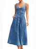 K Women's Denim Distressed Shoulder Strap Single Row Button Mid Length Dress_mkmklike.com